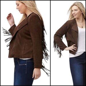 Lane Bryant Faux Suede Fringe Jacket Offset Zipper Stretch Western Brown Plus Si
